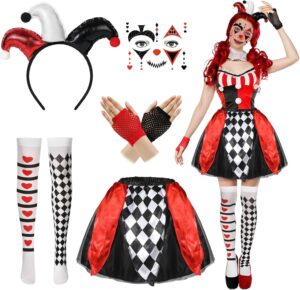 Déguisement clown femme Halloween 5 pièces arlequin avec tutu et strass visage