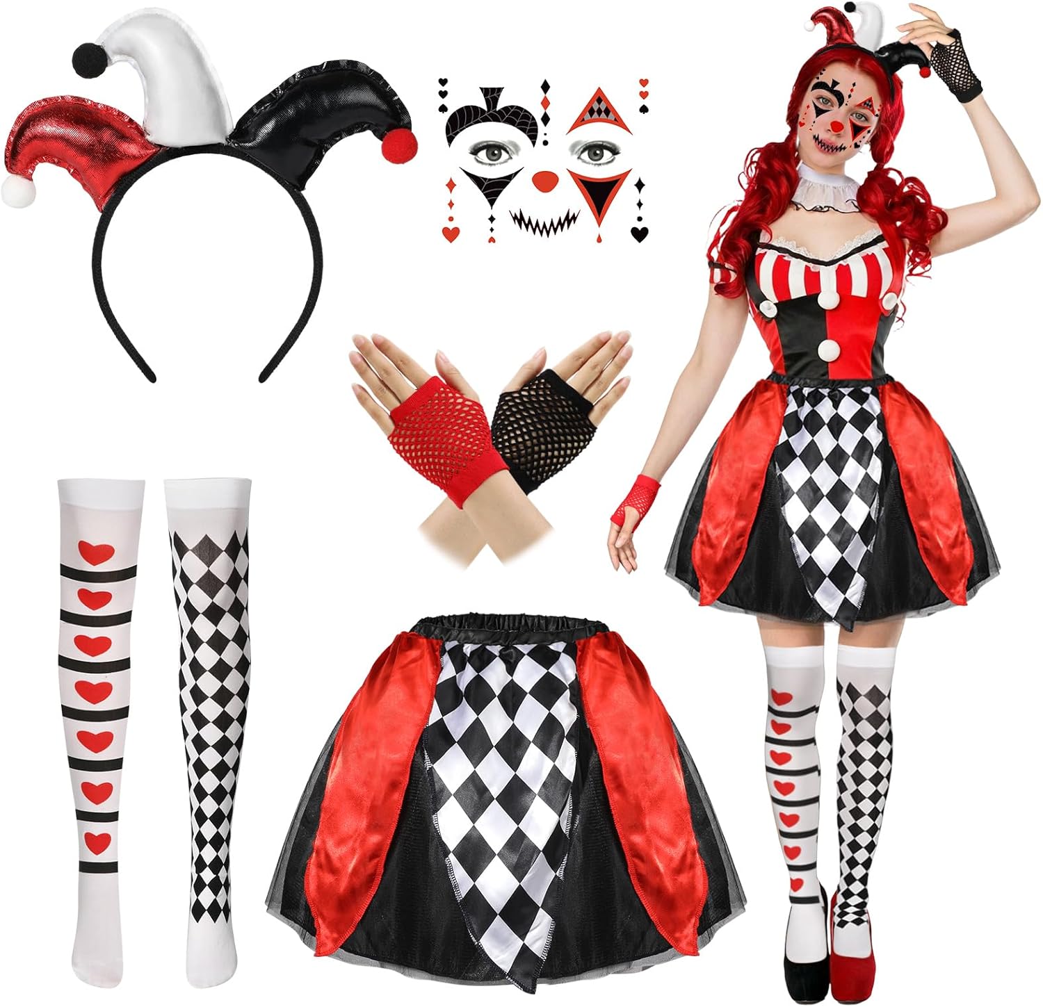 Déguisement clown femme Halloween 5 pièces arlequin avec tutu et strass visage