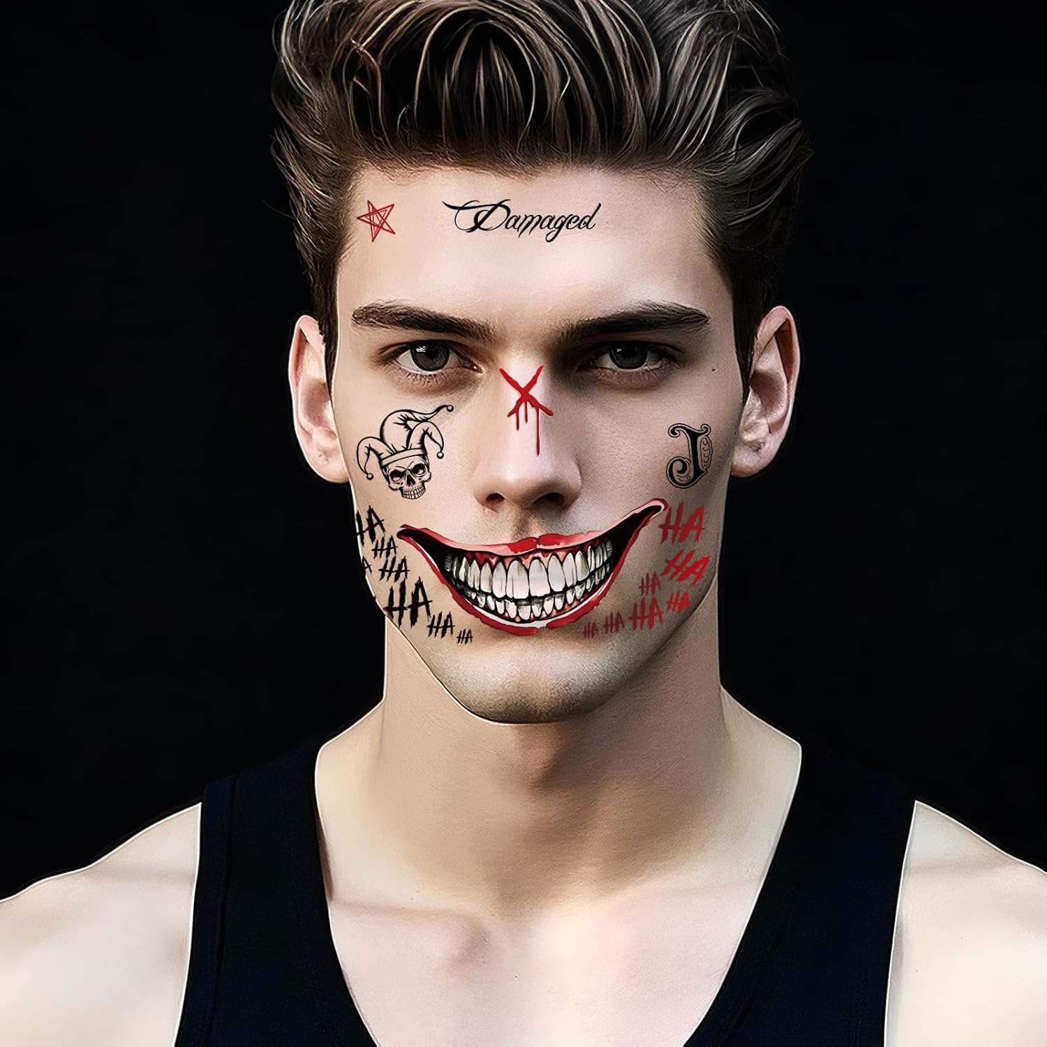 Tatouage visage Joker avec strass, kit Halloween 2 planches – Image 6