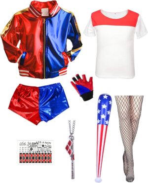 Costume adulte Harley Quinn avec veste, t-shirt et bas en résille