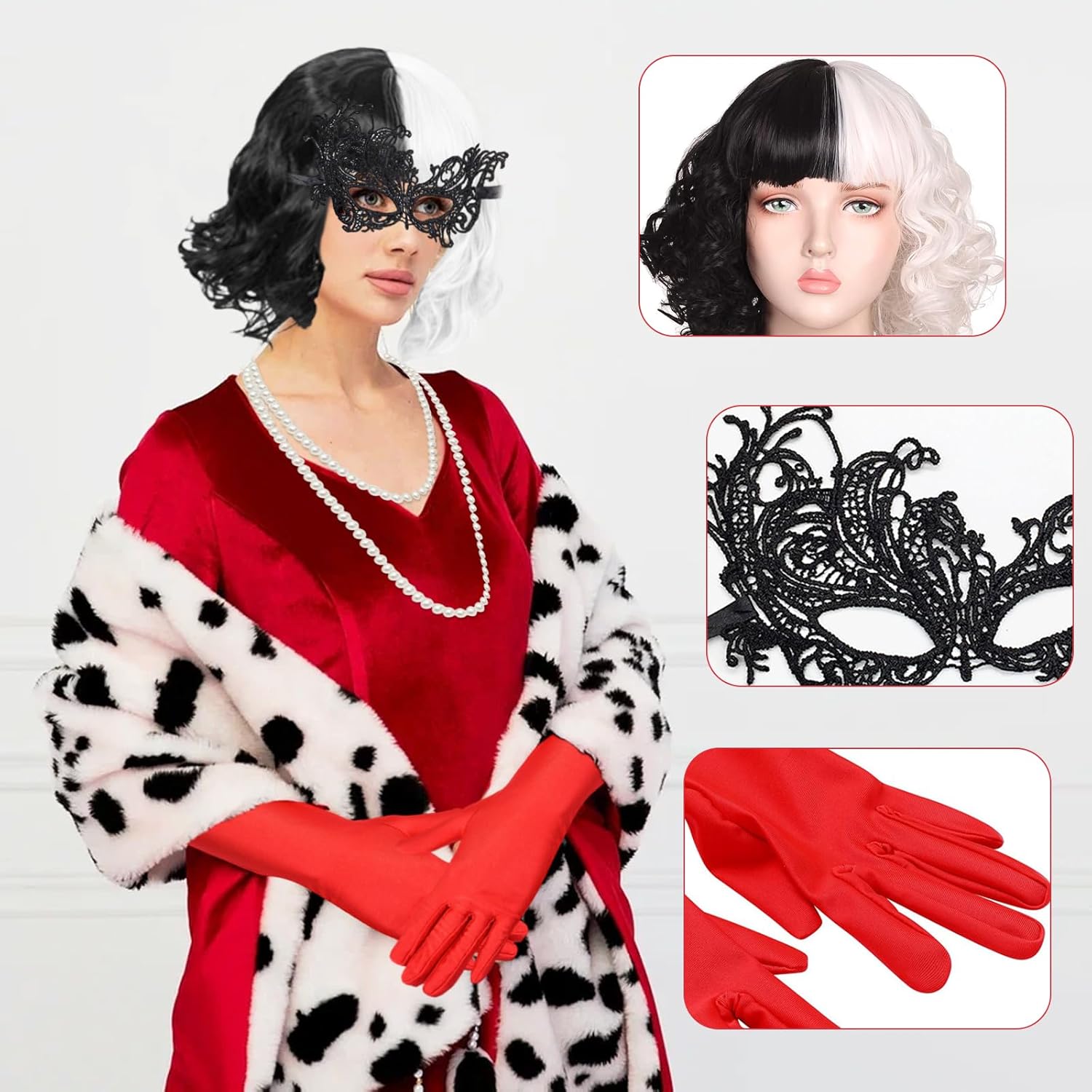 Costume Cruella femme noir et blanc style 1920 avec perruque et masque – Image 3