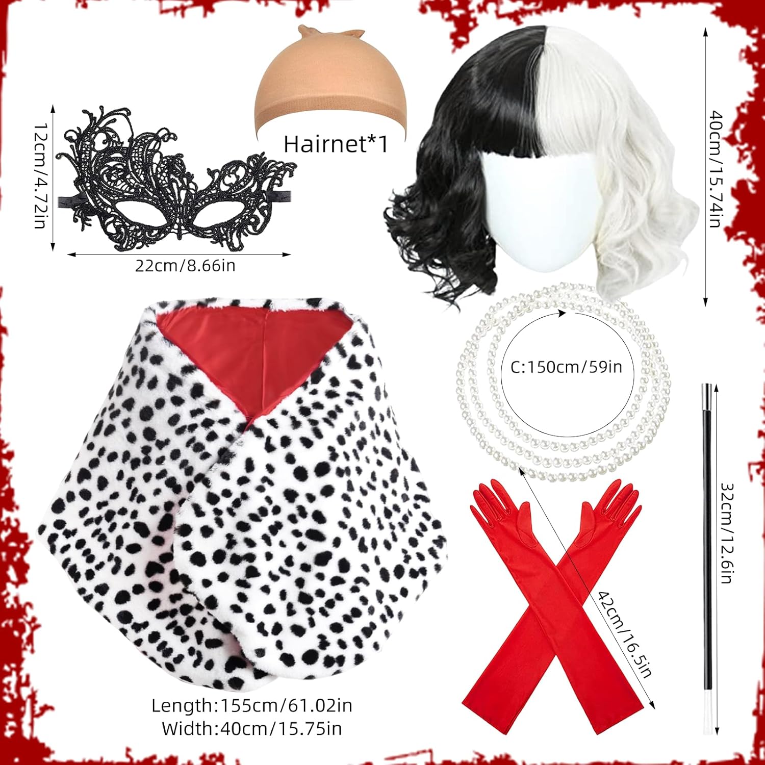 Costume Cruella femme noir et blanc style 1920 avec perruque et masque – Image 2