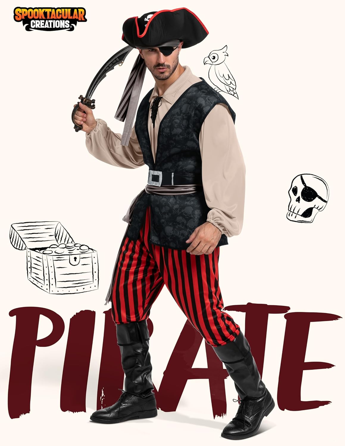 Costume de pirate Capitaine Crochet pour homme avec chemise kaki et accessoires – Image 2