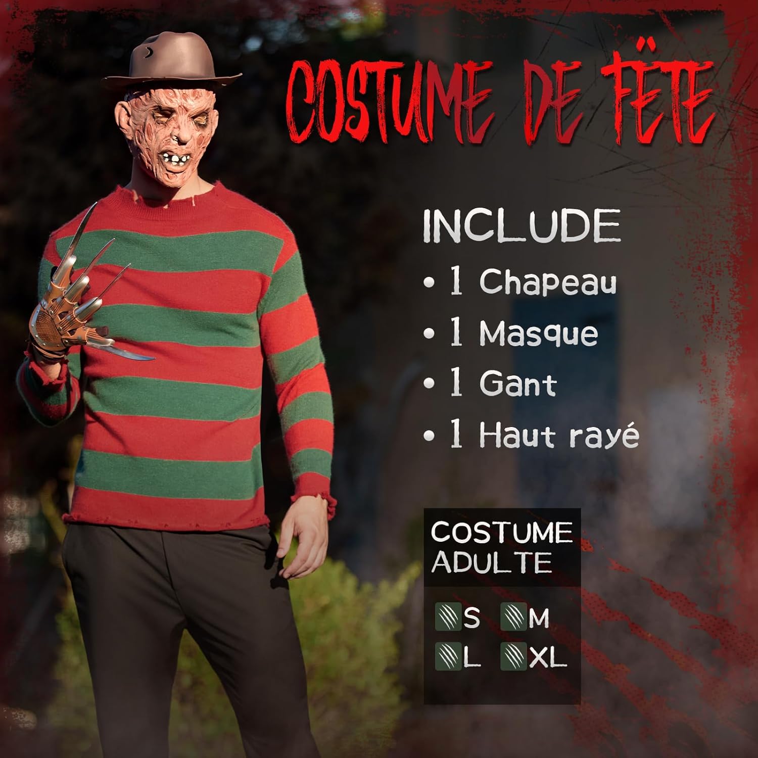 Kit de déguisement Freddy Krueger homme avec pull à rayures, chapeau et gant, 4 pièces – Image 3