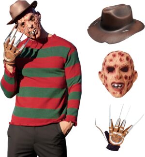 Kit de déguisement Freddy Krueger homme avec pull à rayures, chapeau et gant, 4 pièces