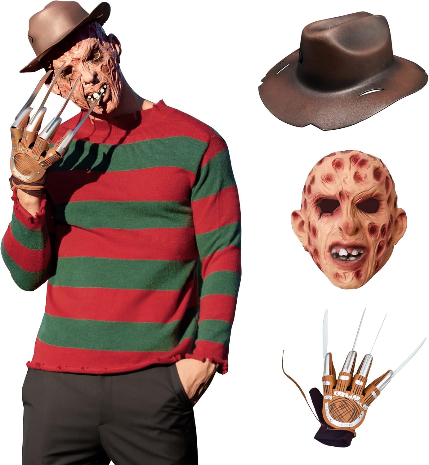 Kit de déguisement Freddy Krueger homme avec pull à rayures, chapeau et gant, 4 pièces