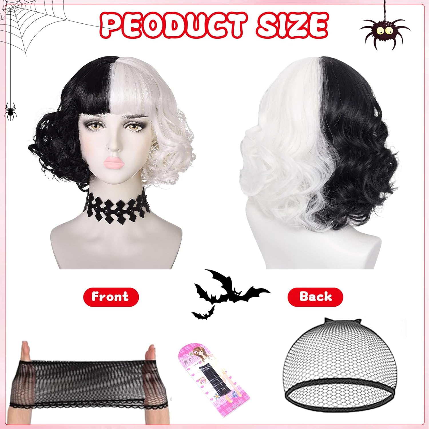Perruque Cruella noire et blanche ondulée 35 cm avec filet – Image 2