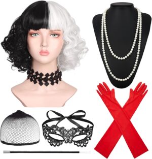 Perruque courte Cruella noire et blanche avec masque en dentelle et gants