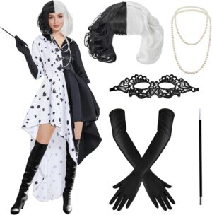 Déguisement femme Cruella avec gants et collier