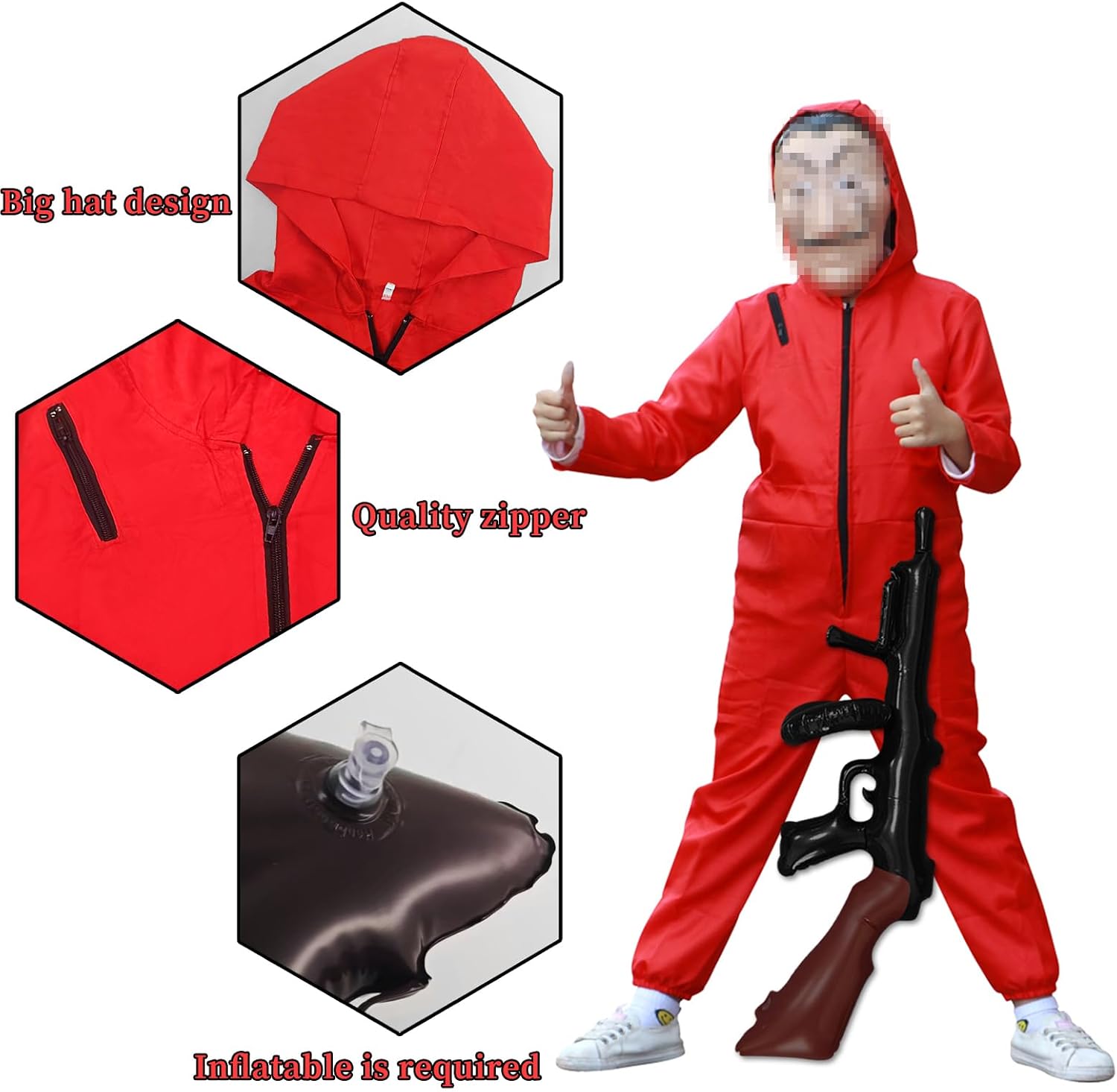Combinaison rouge à capuche Casa de papel enfant avec masque – Image 3