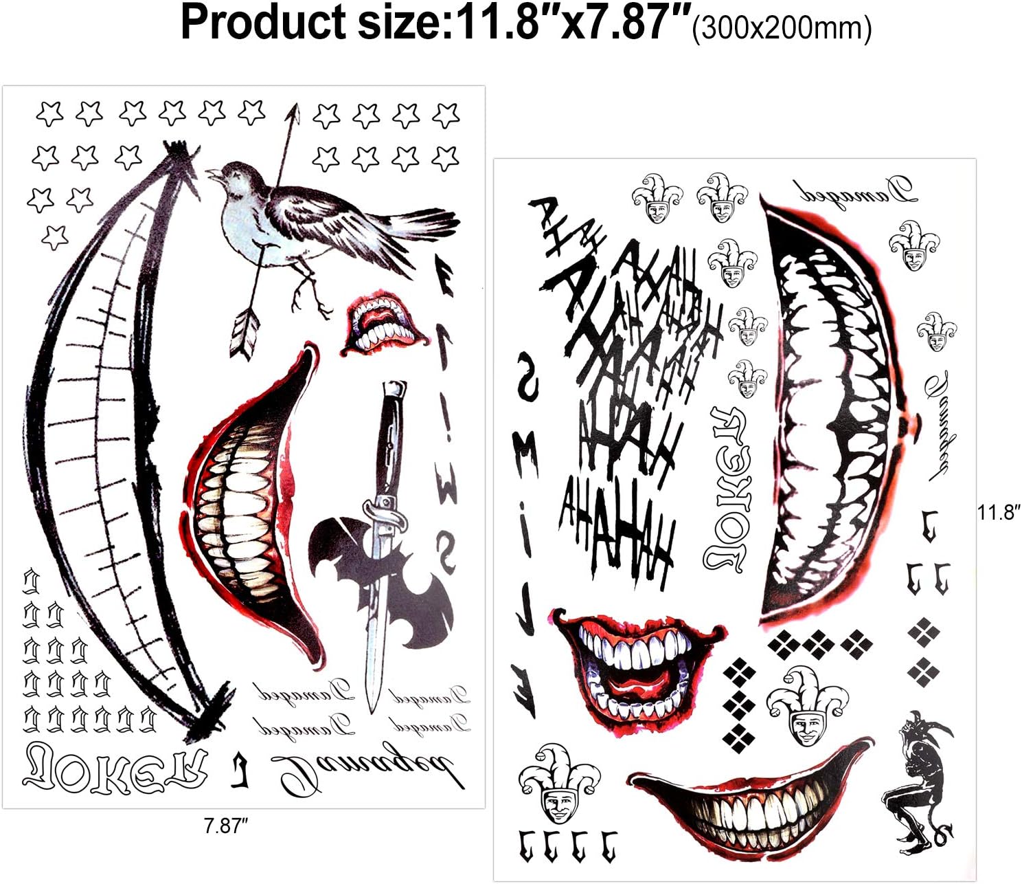 Tatouages temporaires Joker et Harley Quinn, 8 grandes feuilles Squad Suicide – Image 3