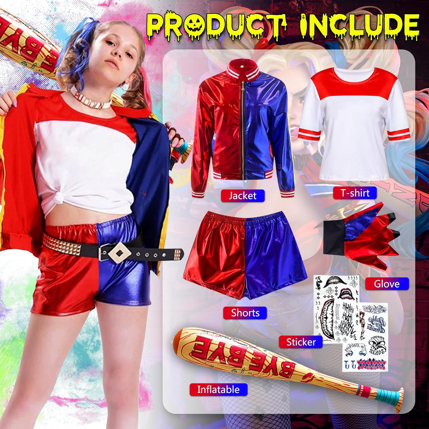 Costume enfant Harley Quinn Squad avec veste, gants et batte gonflable – Image 3