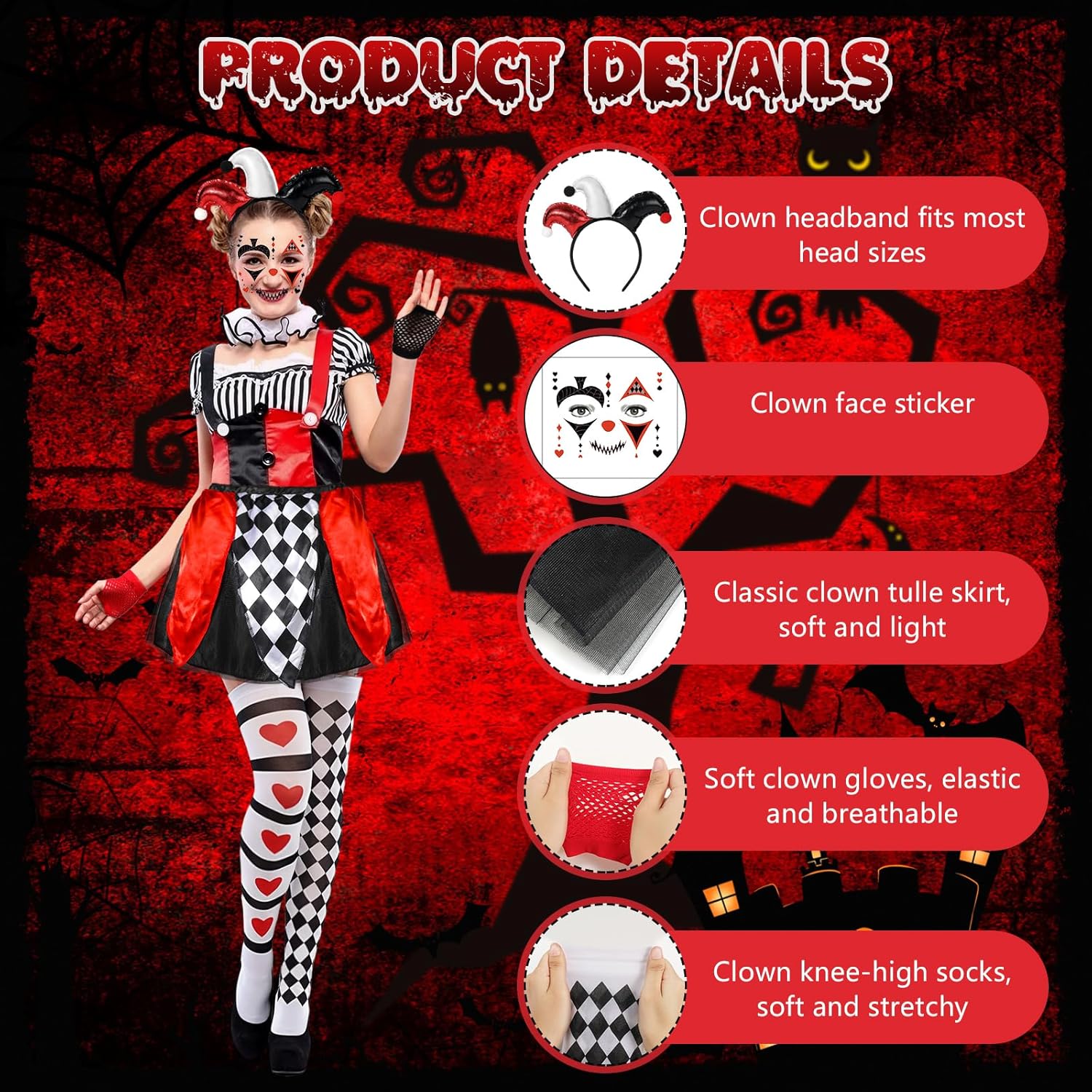 Déguisement clown femme Halloween 5 pièces arlequin avec tutu et strass visage – Image 3