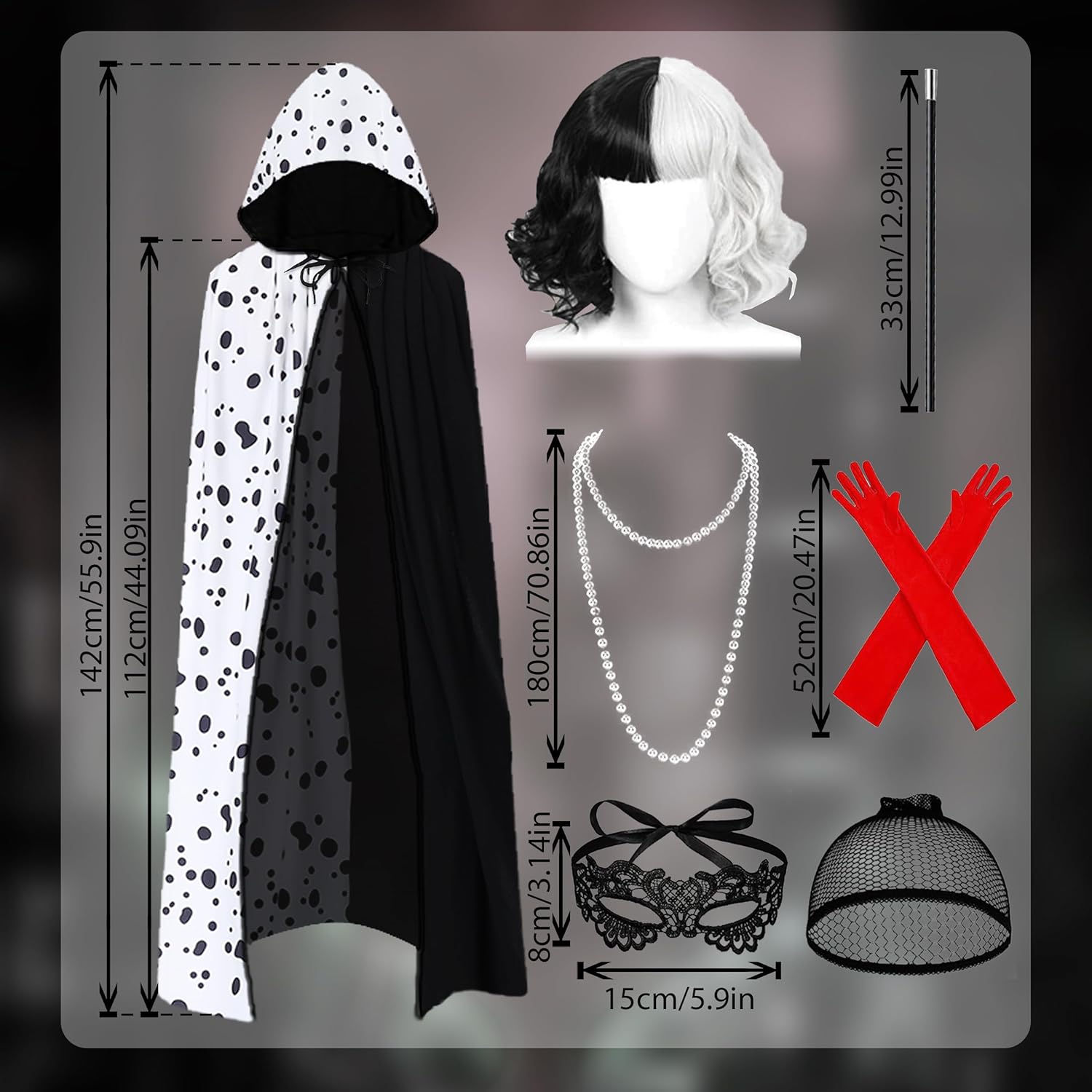 Déguisement Cruella femme 7 pièces avec perruque et cape noire et blanche – Image 2