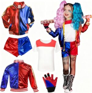 Costume enfant Harley Quinn avec veste, t-shirt, short et gants