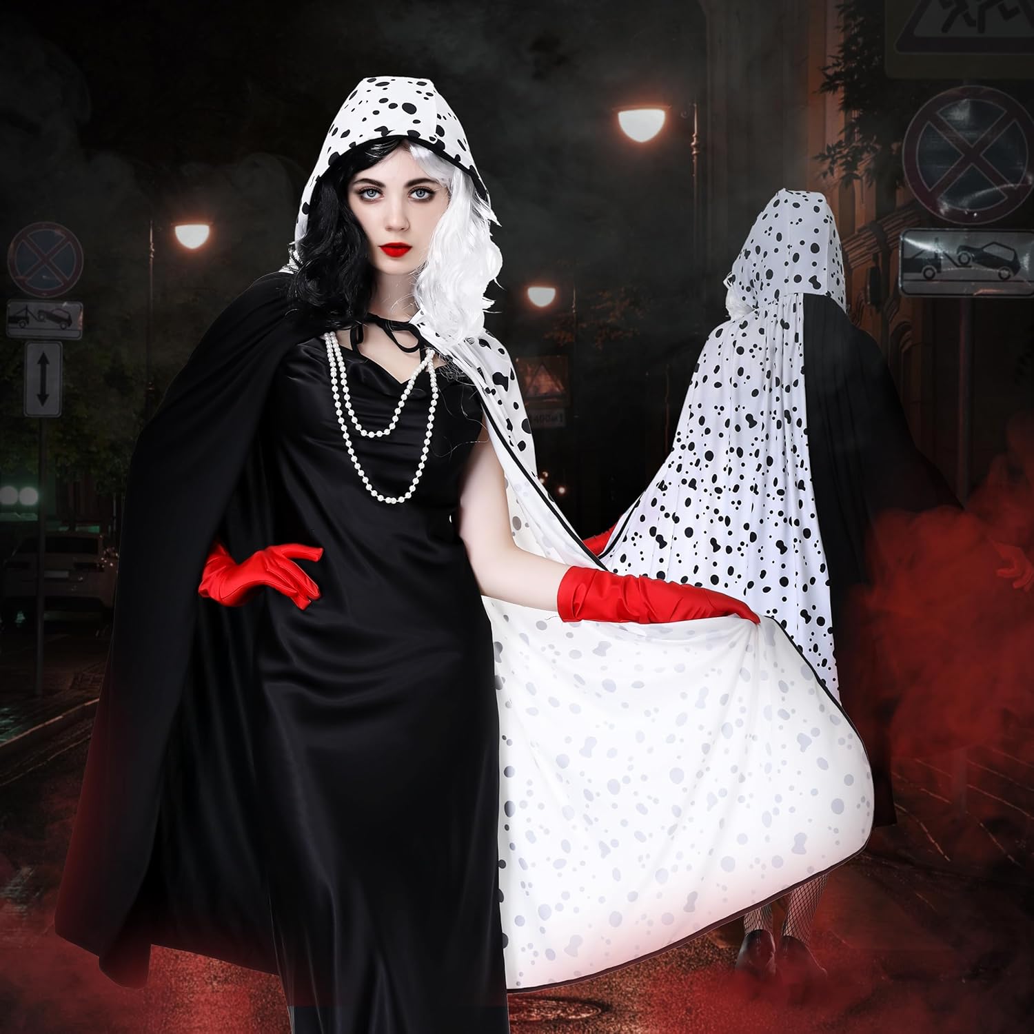 Déguisement Cruella femme 7 pièces avec perruque et cape noire et blanche – Image 5