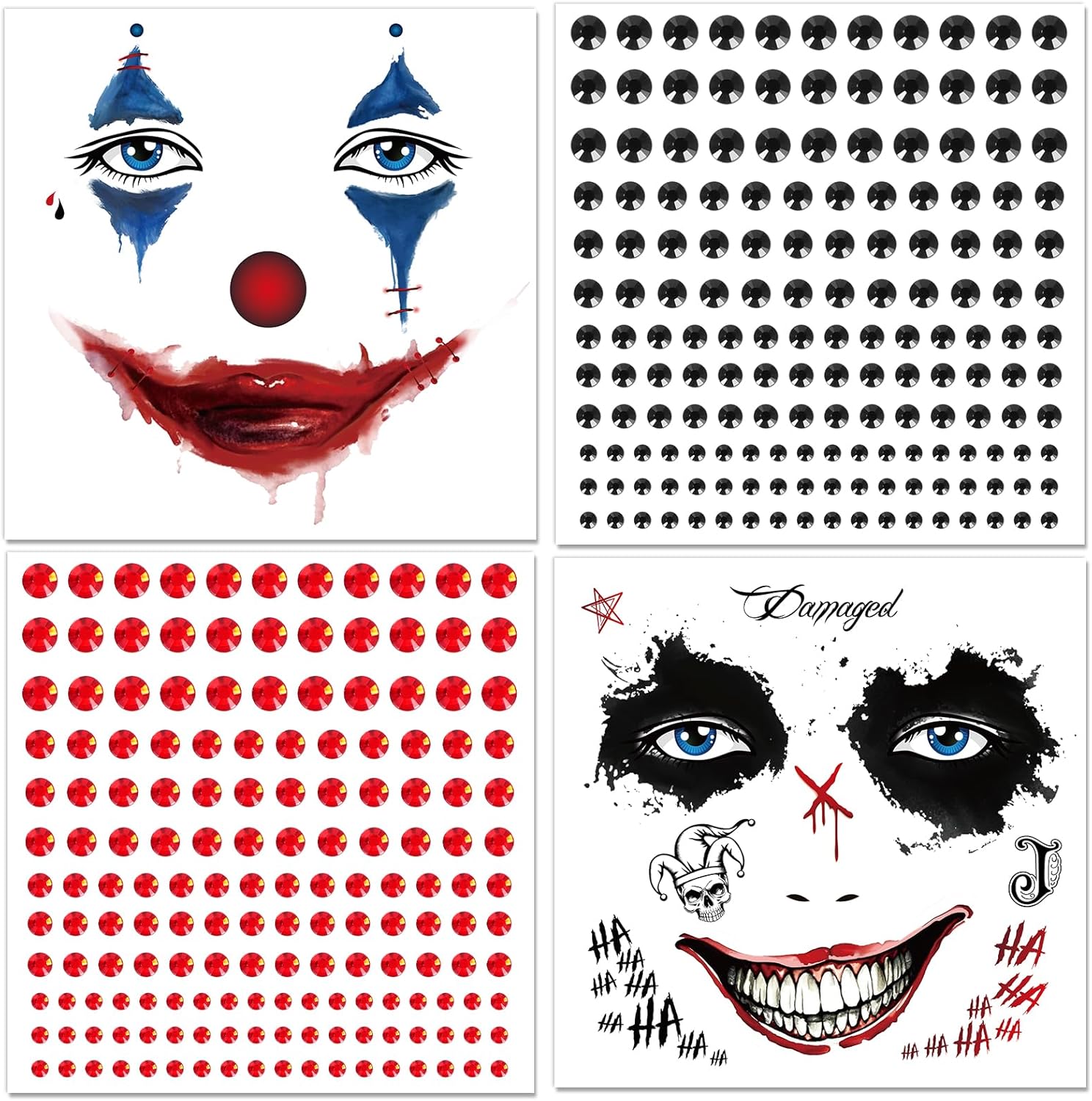 Tatouage visage Joker avec strass, kit Halloween 2 planches – Image 8