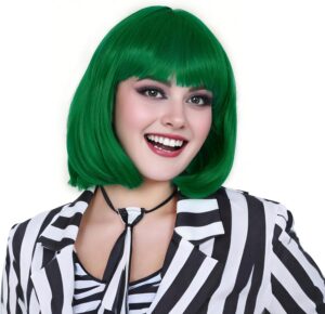 Perruque bob Beetlejuice à frange, cheveux synthétiques, 28 cm