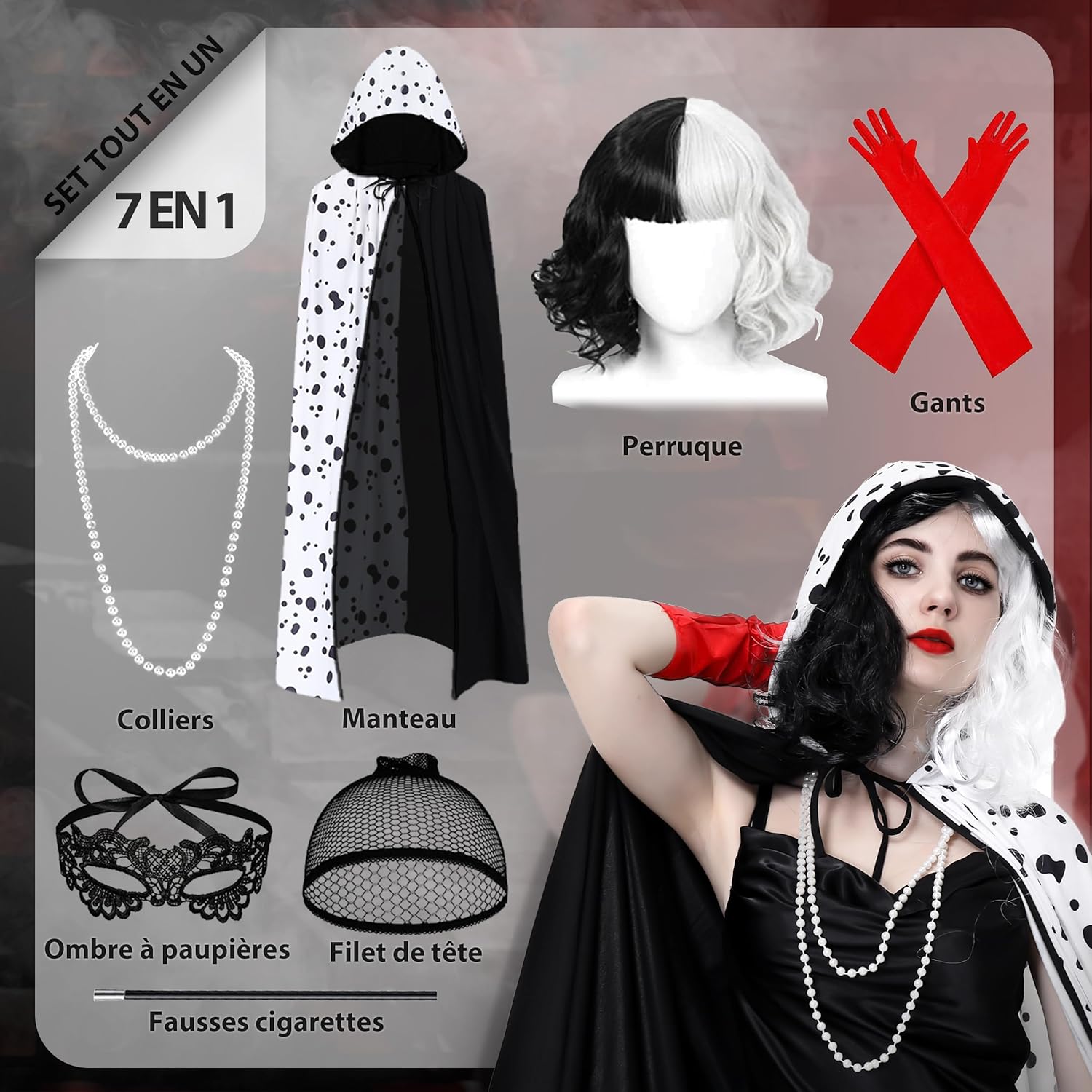 Déguisement Cruella femme 7 pièces avec perruque et cape noire et blanche – Image 7