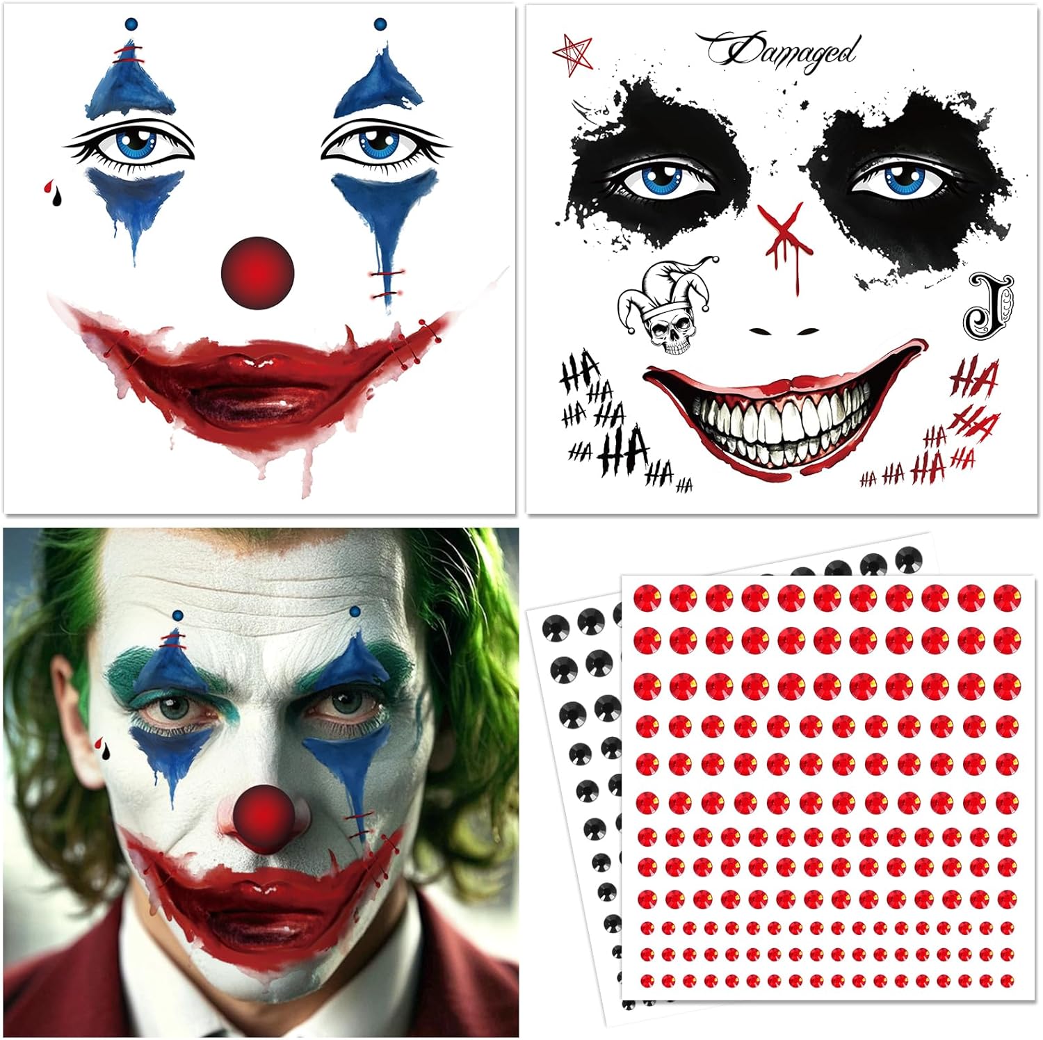Tatouage visage Joker avec strass, kit Halloween 2 planches