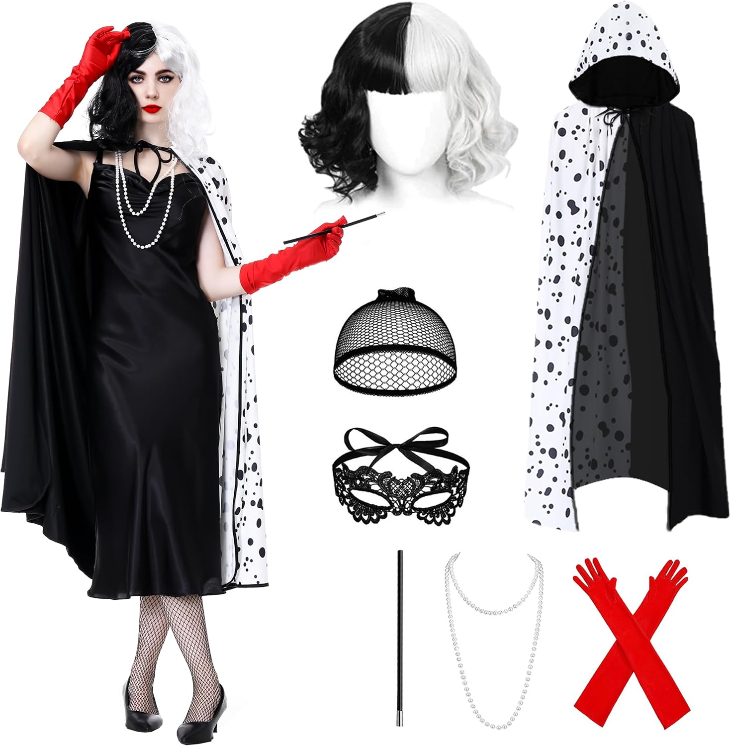 Déguisement Cruella femme 7 pièces avec perruque et cape noire et blanche
