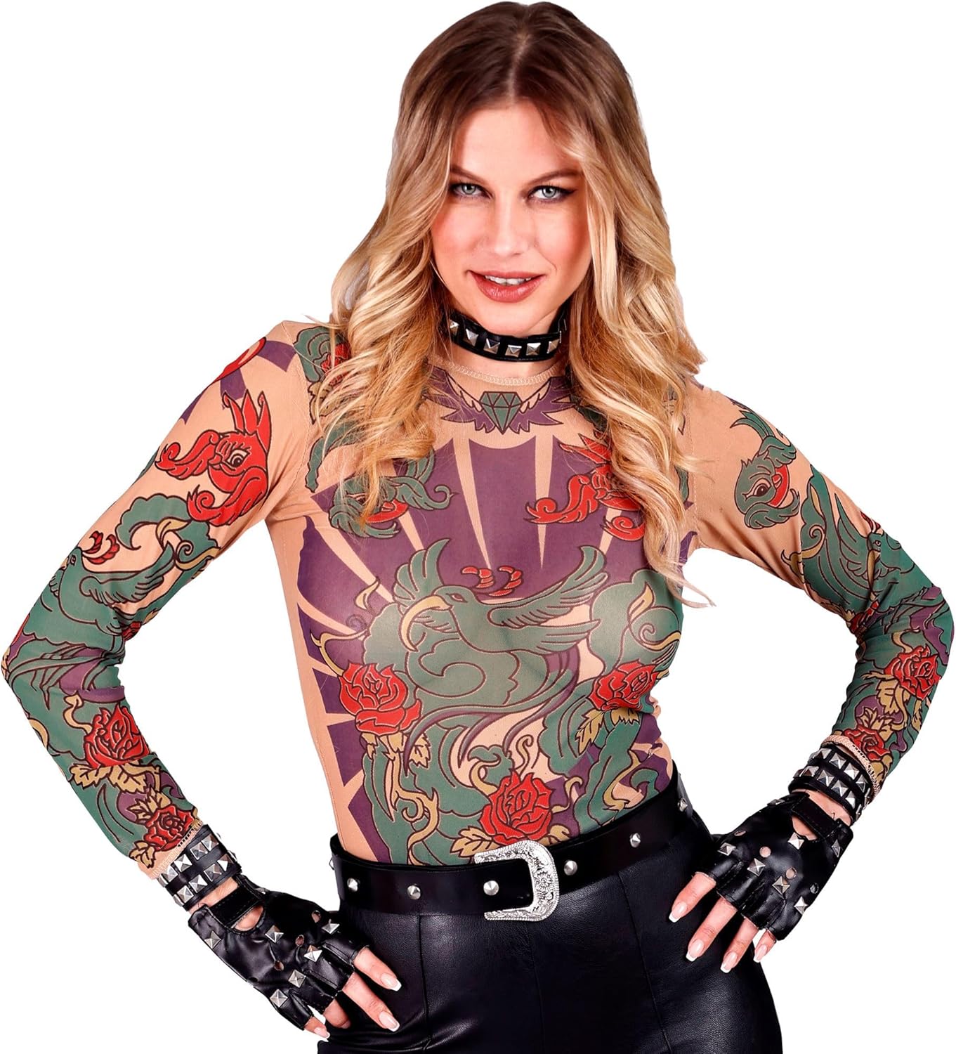 Set Harley Quinn biker en simili cuir avec gants, 2 bracelets et collier à rivets – Image 4