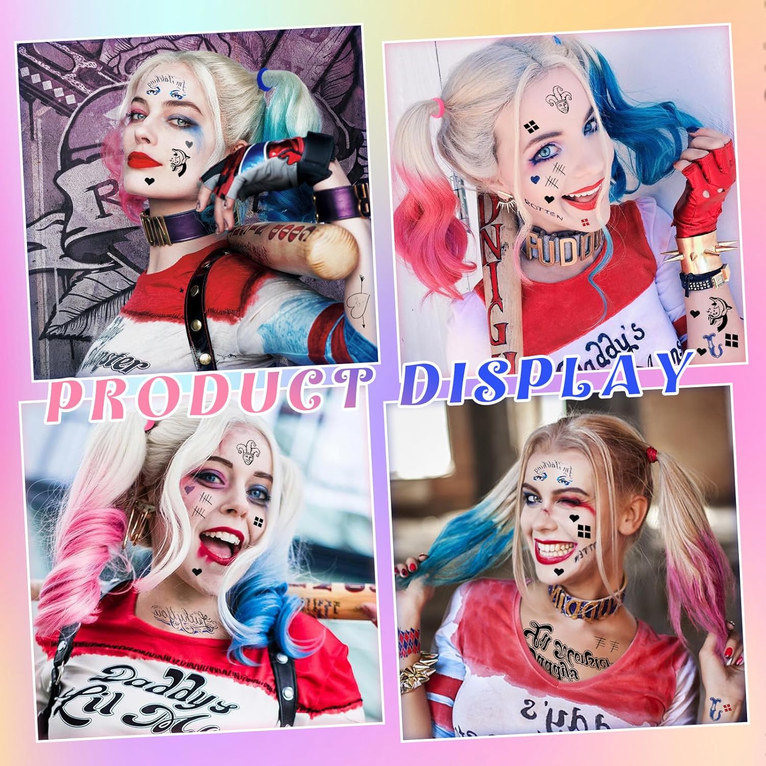 Kit Harley Quinn avec 4 tatouages temporaires, 2 colorations lavables et 2 élastiques – Image 4