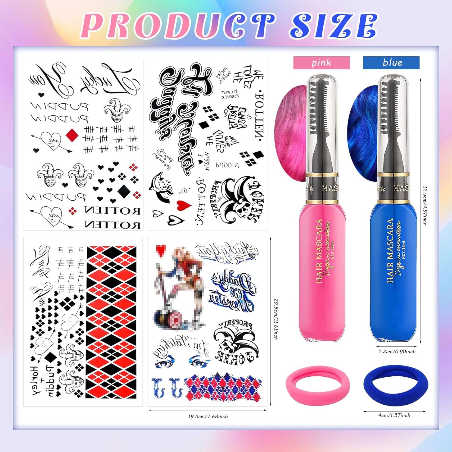Kit Harley Quinn avec 4 tatouages temporaires, 2 colorations lavables et 2 élastiques – Image 2