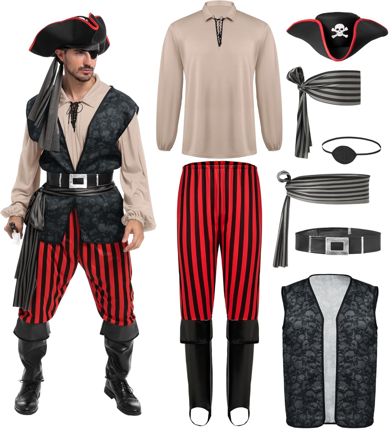 Costume de pirate Capitaine Crochet pour homme avec chemise kaki et accessoires