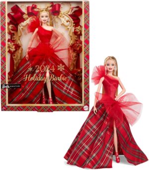 Barbie Holiday 2024, poupée blonde avec robe rouge drapée et jupe à carreaux