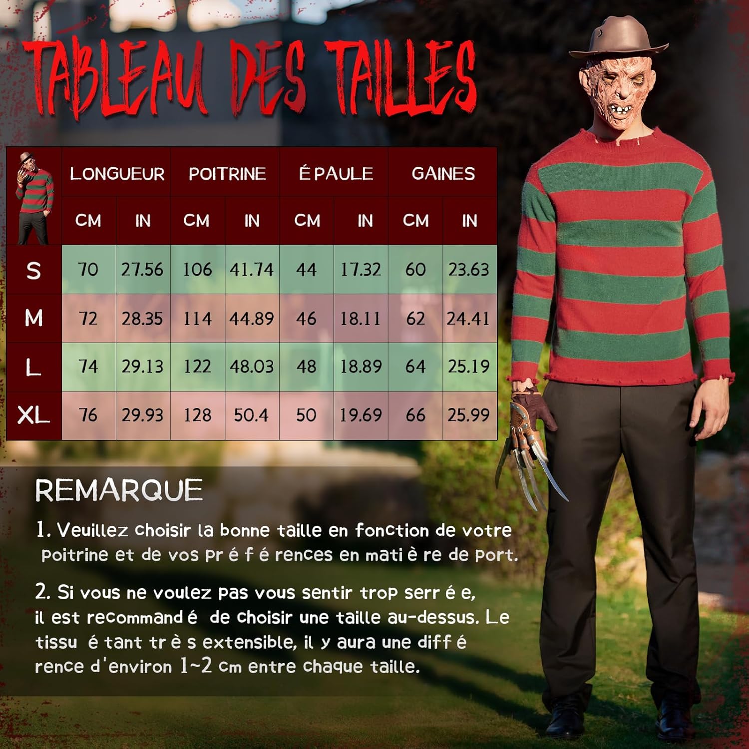 Kit de déguisement Freddy Krueger homme avec pull à rayures, chapeau et gant, 4 pièces – Image 2