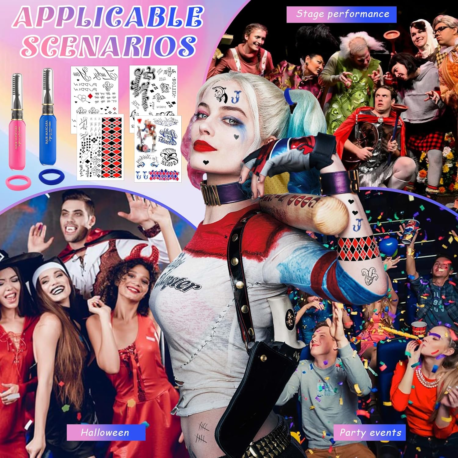 Kit Harley Quinn avec 4 tatouages temporaires, 2 colorations lavables et 2 élastiques – Image 5