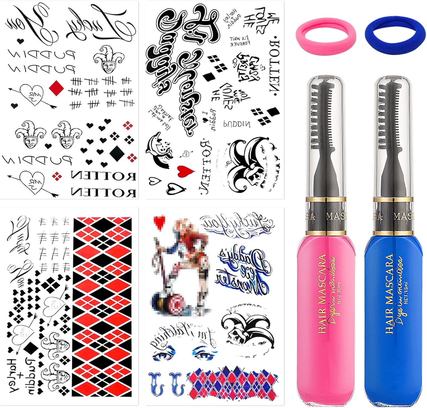 Kit Harley Quinn avec 4 tatouages temporaires, 2 colorations lavables et 2 élastiques