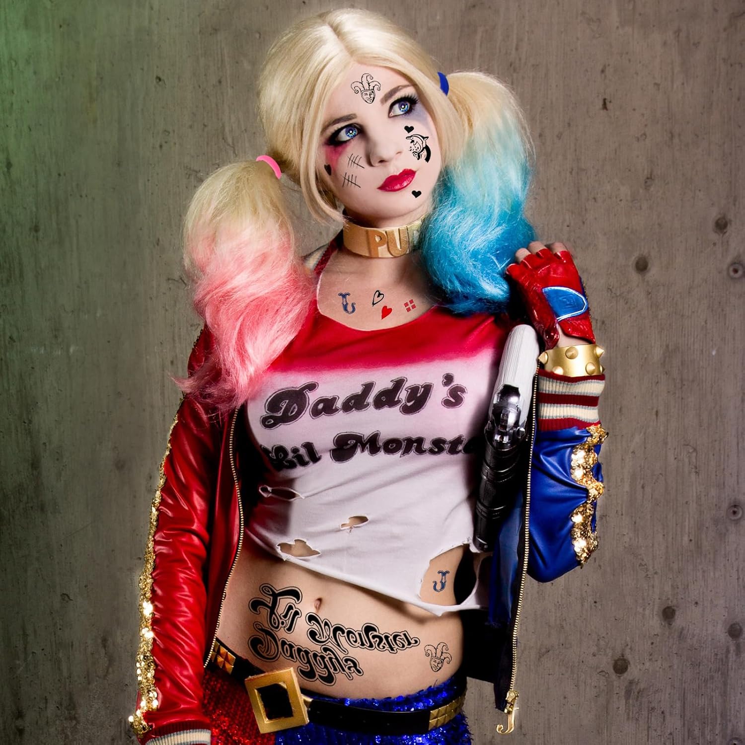 Kit Harley Quinn avec 4 tatouages temporaires, 2 colorations lavables et 2 élastiques – Image 6