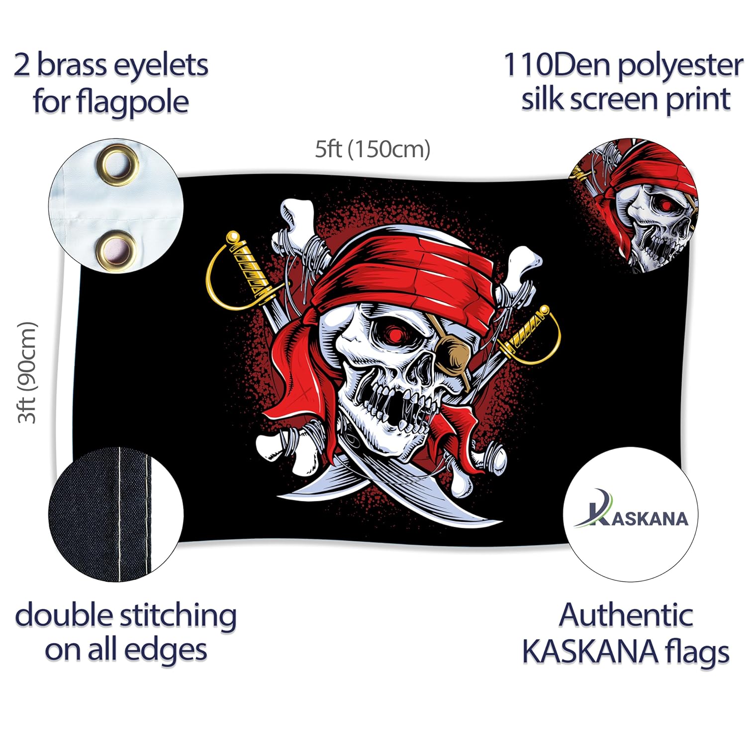 Drapeau pirate KASKANA 90 x 150 avec œillets et double couture – Image 2