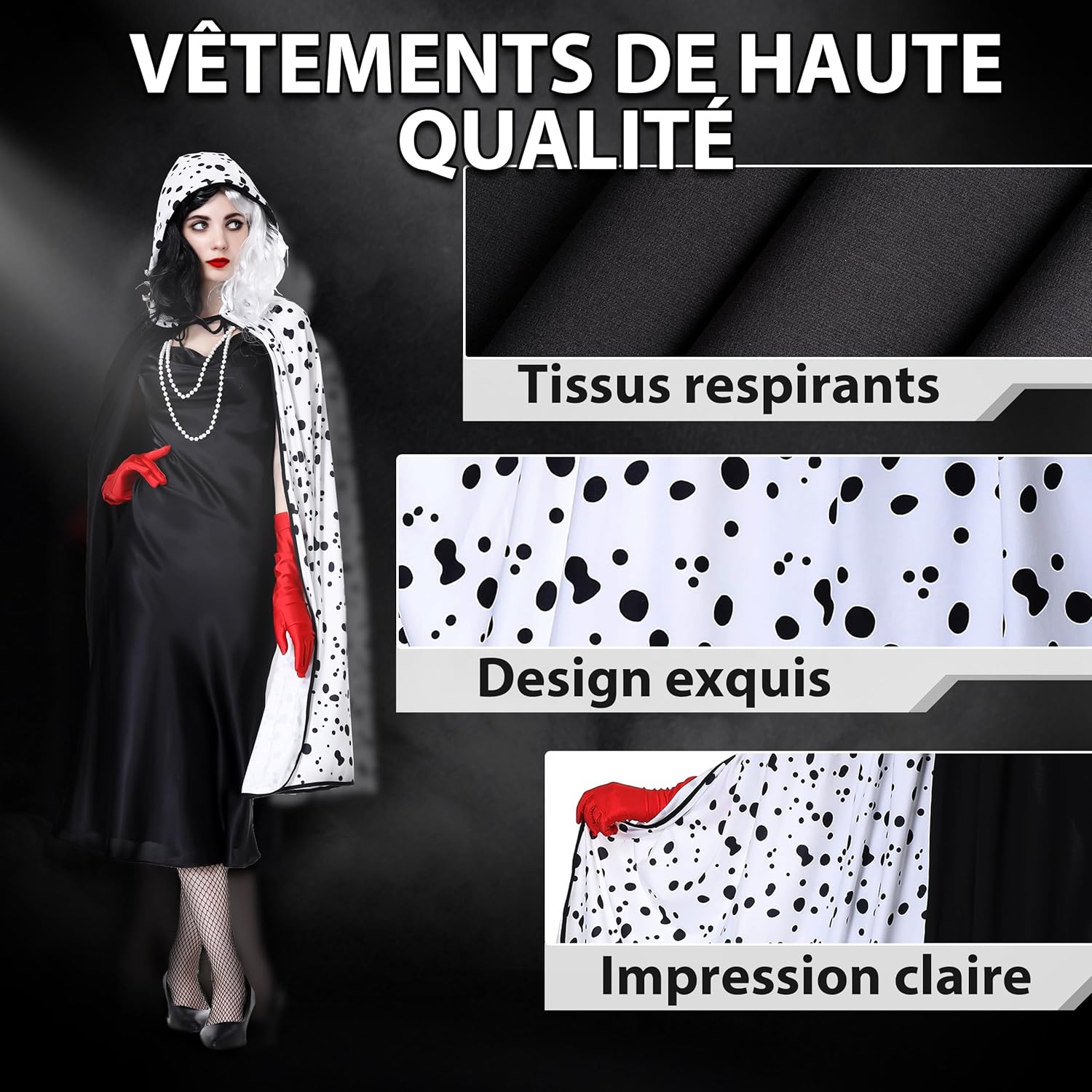 Déguisement Cruella femme 7 pièces avec perruque et cape noire et blanche – Image 3