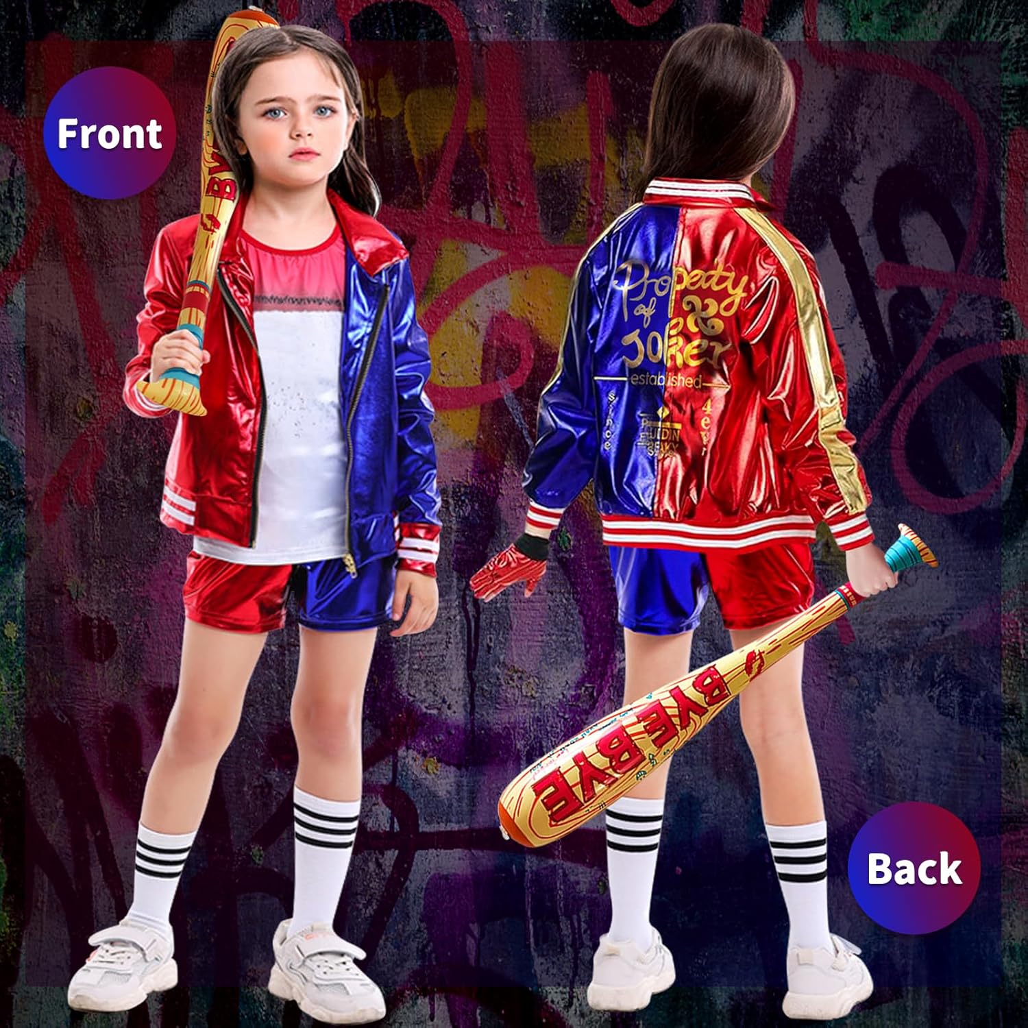 Costume enfant Harley Quinn Squad avec veste, gants et batte gonflable – Image 6