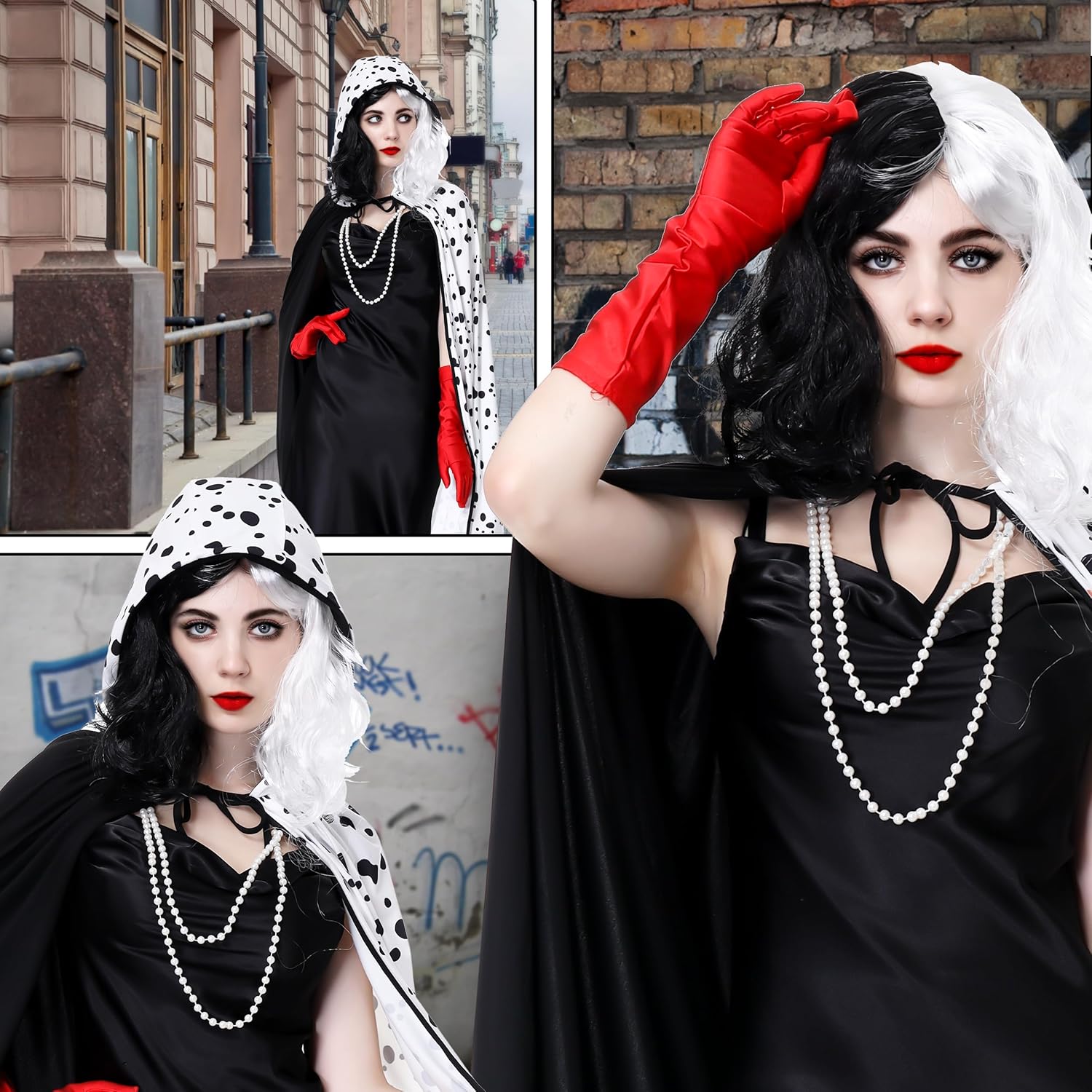 Déguisement Cruella femme 7 pièces avec perruque et cape noire et blanche – Image 4