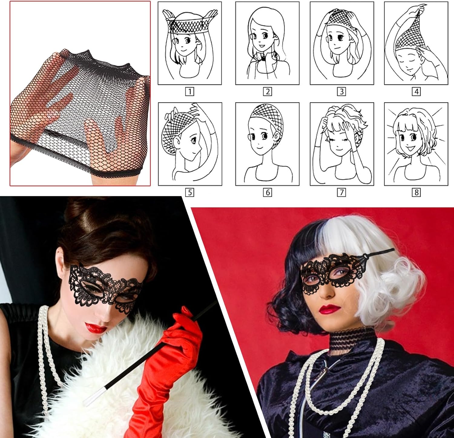 Perruque Cruella noire et blanche avec masque en dentelle et gants – Image 5