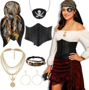 Set pirate femme Gold avec foulard, ceinture et bijoux
