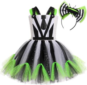 Robe tutu Beetlejuice enfant noir et blanc rayé, capuche et tulle vert