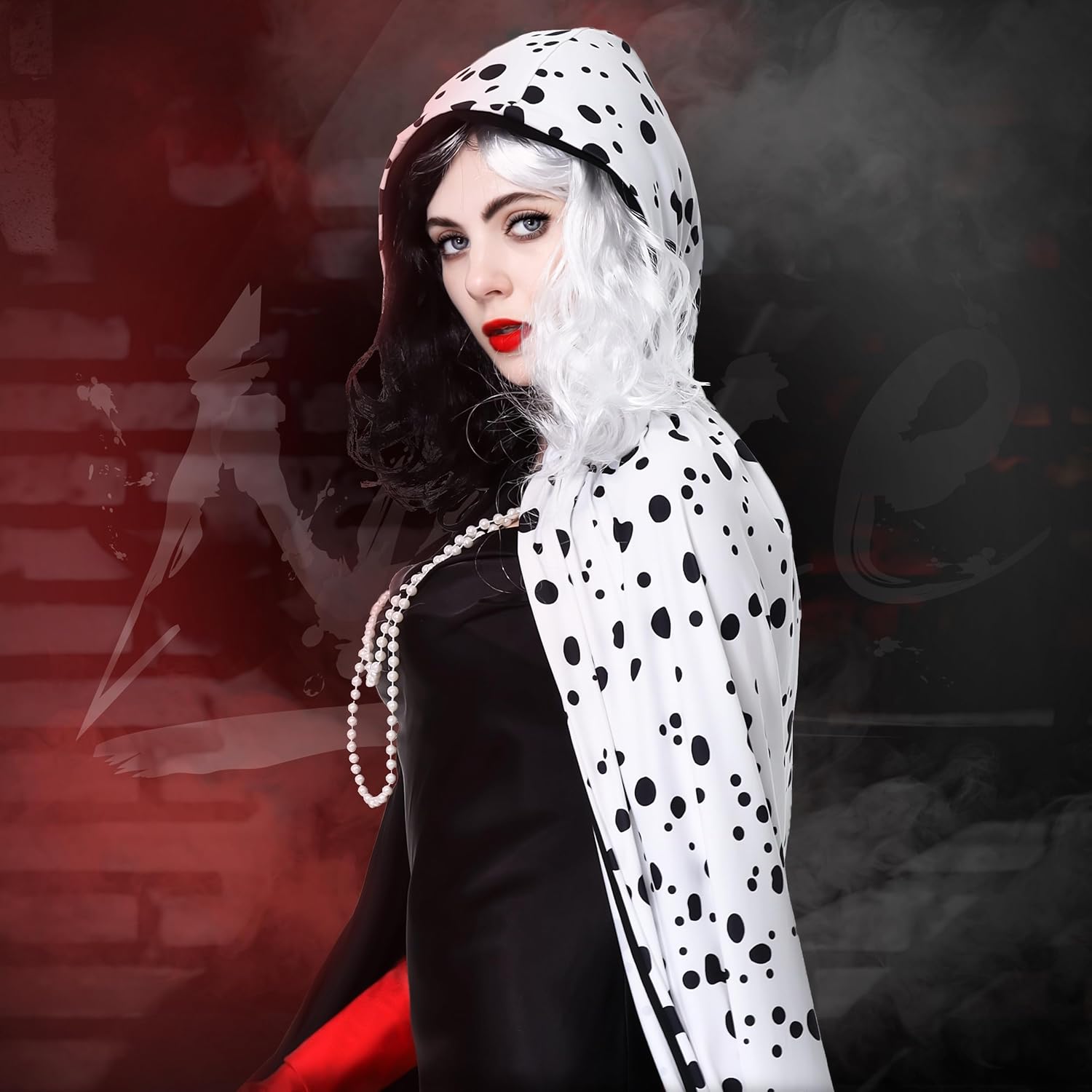 Déguisement Cruella femme 7 pièces avec perruque et cape noire et blanche – Image 6
