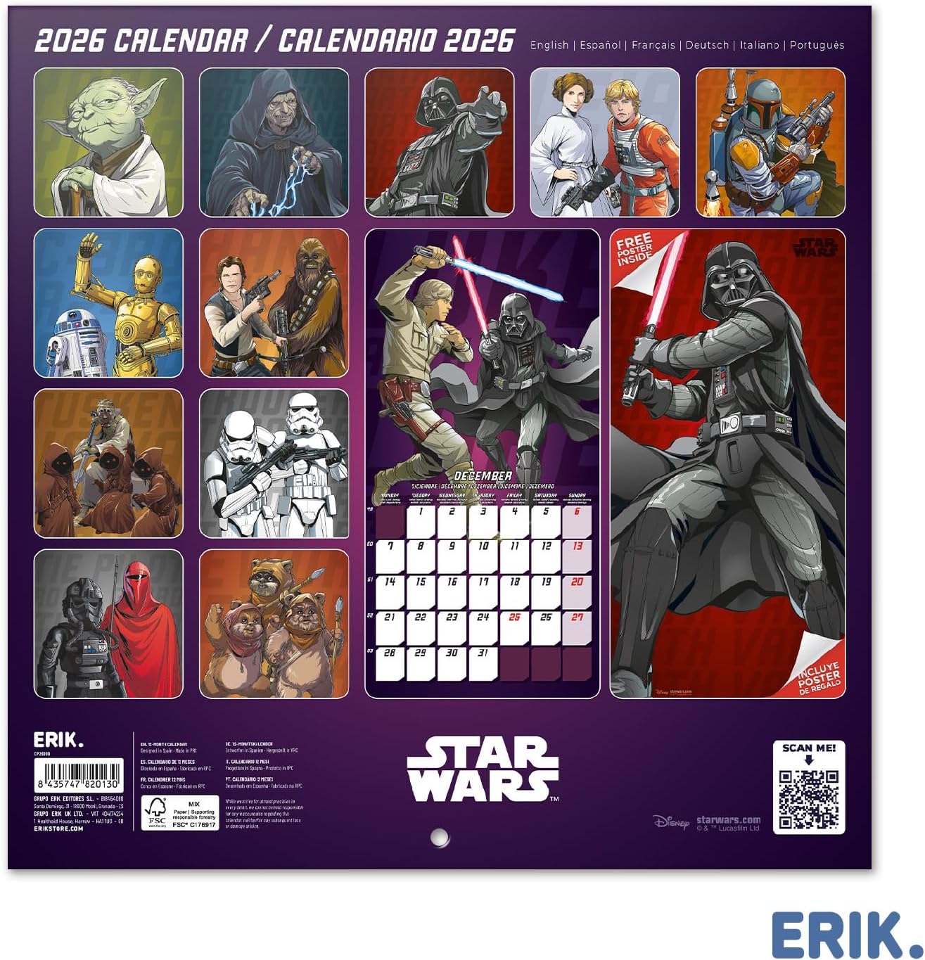 Calendrier mural mensuel Star Wars 2026 30x60cm – Image 2