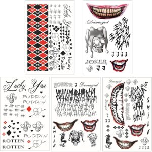 Tatouages temporaires Joker Halloween en 5 feuilles pour visage et fête