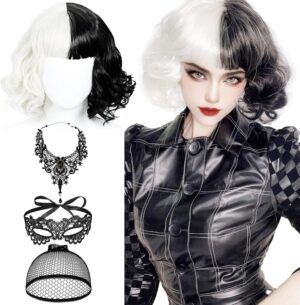 Perruque Cruella noire et blanche avec collier, masque et filet