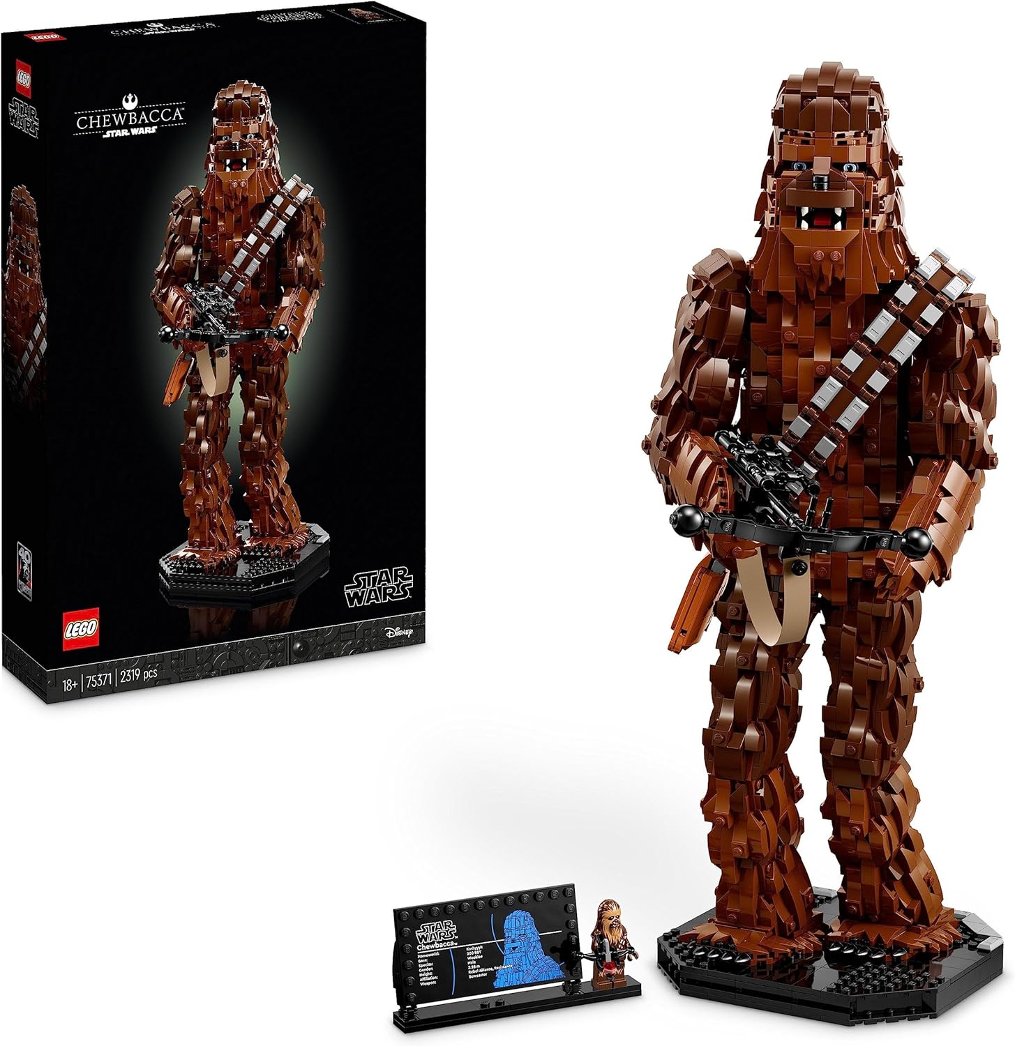 Chewbacca LEGO Star Wars avec arbalète, minifigurine et plaque descriptive