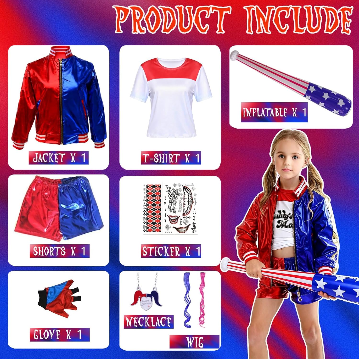Costume enfant Harley Quinn avec veste, T-shirt et short – Image 2