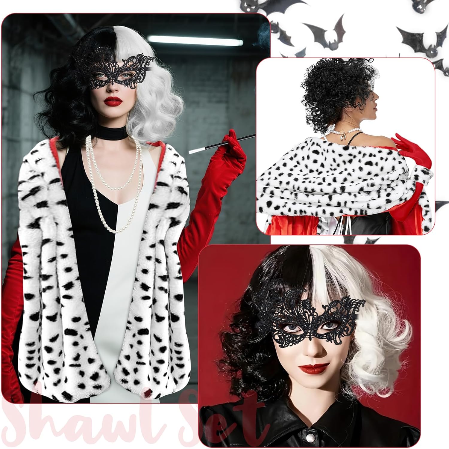 Costume Cruella femme noir et blanc style 1920 avec perruque et masque – Image 7