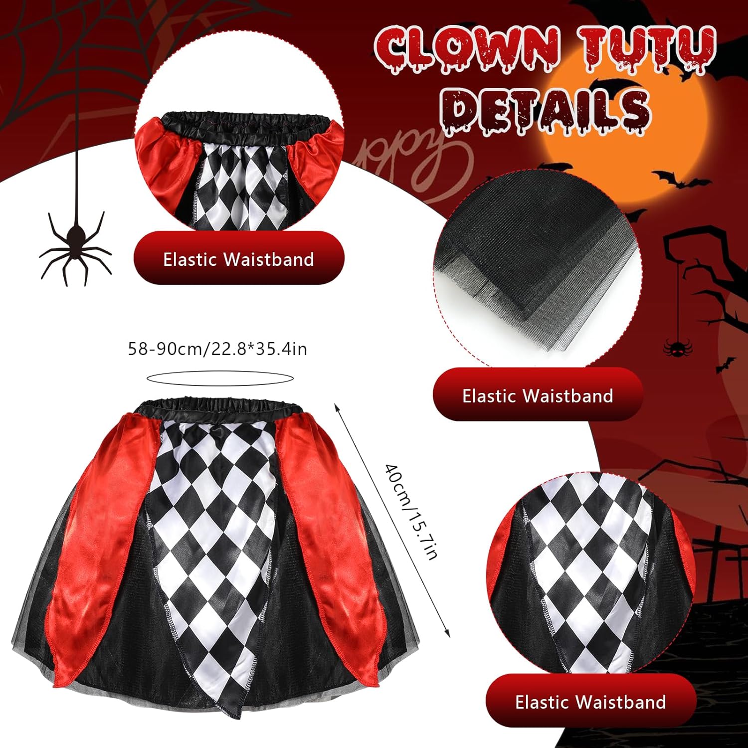 Déguisement clown femme Halloween 5 pièces arlequin avec tutu et strass visage – Image 4