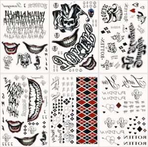 Tatouages temporaires Joker effrayant, lot de 6 feuilles pour costume et cosplay